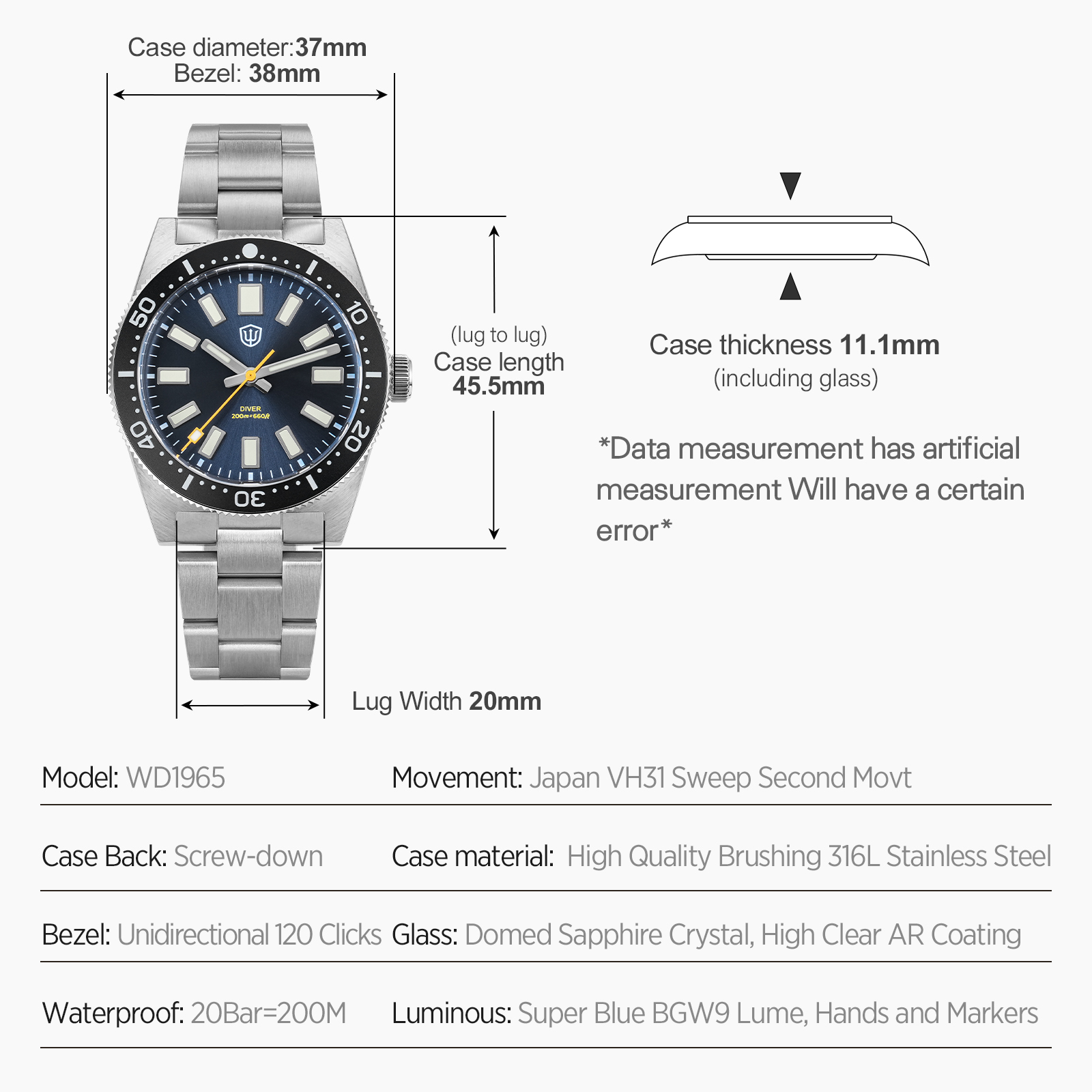 Watchdives 37Mm WD1965 V2 Man  - Luxury Watch For Men 评论和价格