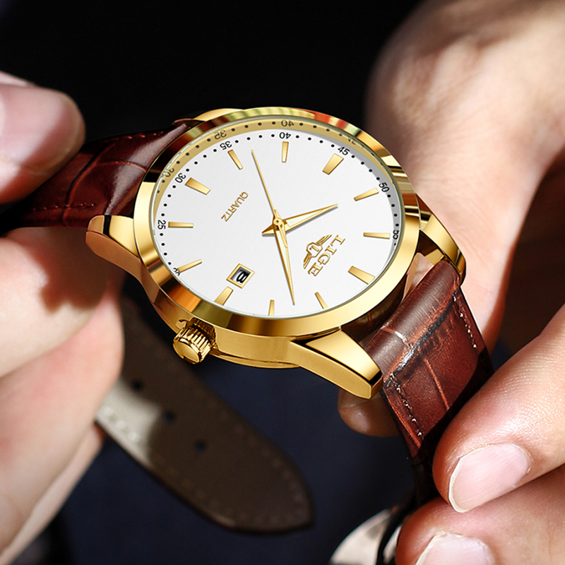 LIGE Fashion Brown Leather Wat - Luxury Watch Longines 评论和价格